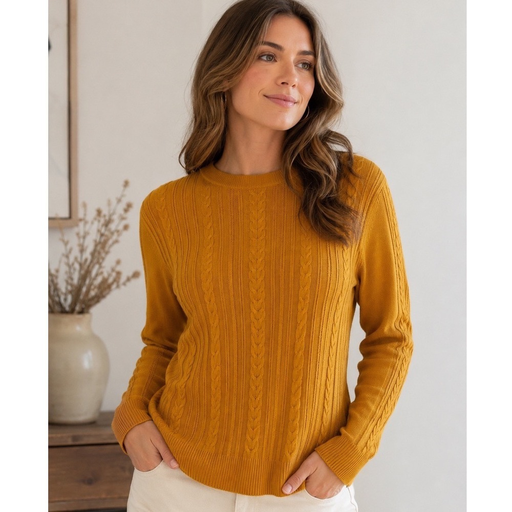 a new day Mustard Cable Knit Sweater Women's Large Cotton Blend Cozy Fall - Picture 2 of 7